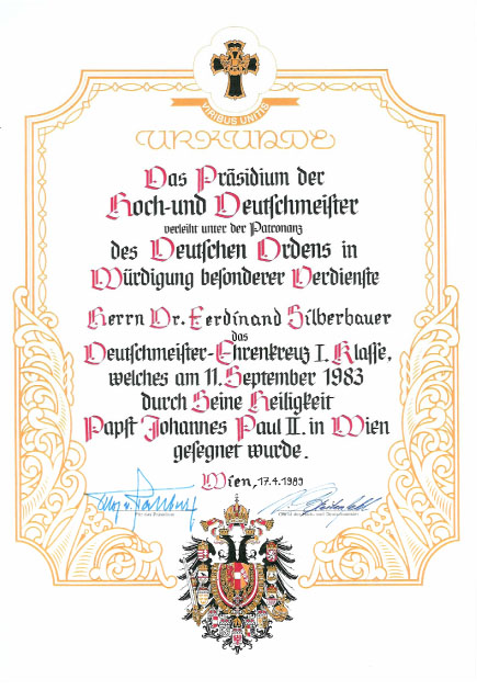 Urkunde zur Verleihung des Deutschmeister-Ehrenkreuzes I. Klasse an Dr. Ferdinand Silberbauer, 17. April 1989.