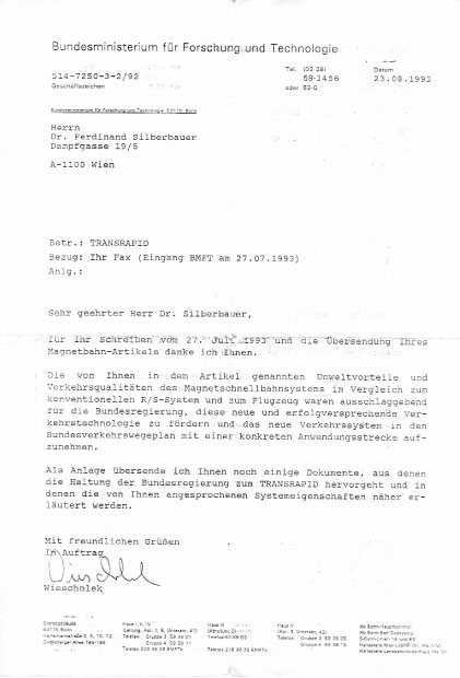 Letter/fax from the Federal Ministry for Research and Technology to Dr. Ferdinand Silberbauer about Transrapid, 23 August 1993.